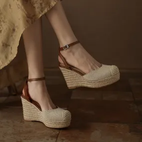 10mm Slingback Espadrille-Wedge Leather Sandals Ankle Strap in Apricot/Blue 10mm Slingback Espadrille-Wedge Leather Sandals Ankle Strap in Apricot/Blue