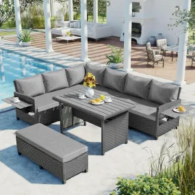 5-Piece Outdoor Patio Rattan Sofa Furniture Set, L-Shaped with Extendable Tables, Gray 5-Piece Outdoor Patio Rattan Sofa Furniture Set, L-Shaped with Extendable Tables, Gray