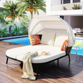 74.8" L Patio Daybed with Retractable Canopy, Rattan PE Wicker Back Loveseat Sofa Set with Throw Pillows and Cushions for Backyard, Beige 74.8" L Patio Daybed with Retractable Canopy, Rattan PE Wicker Back Loveseat Sofa Set with Throw Pillows and Cushions for Backyard, Beige