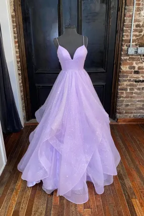 A-Line Lavender Shiny Tulle Prom Dresses, Long Spaghetti Strap Evening Dresses A-Line Lavender Shiny Tulle Prom Dresses, Long Spaghetti Strap Evening Dresses