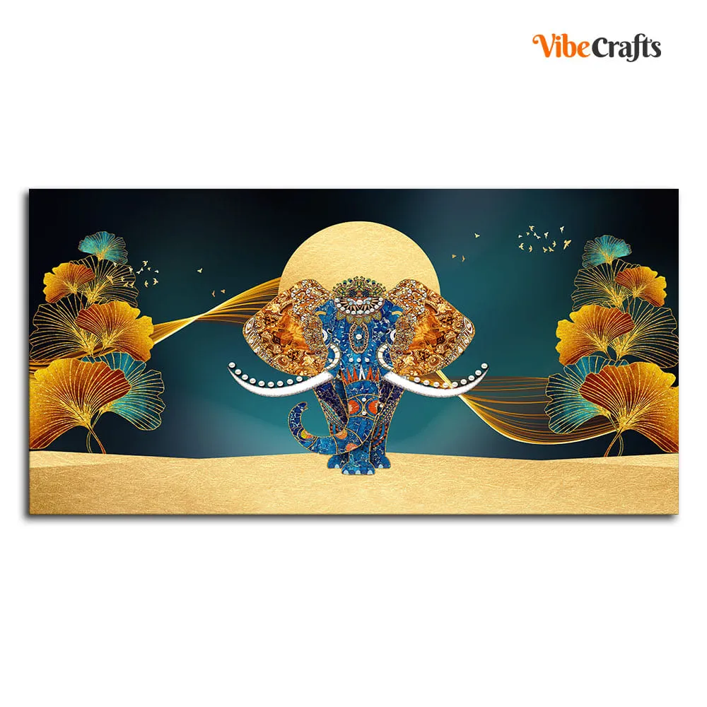 Beautiful Golden Flowers with Elephant Premium Canvas Wall Painting