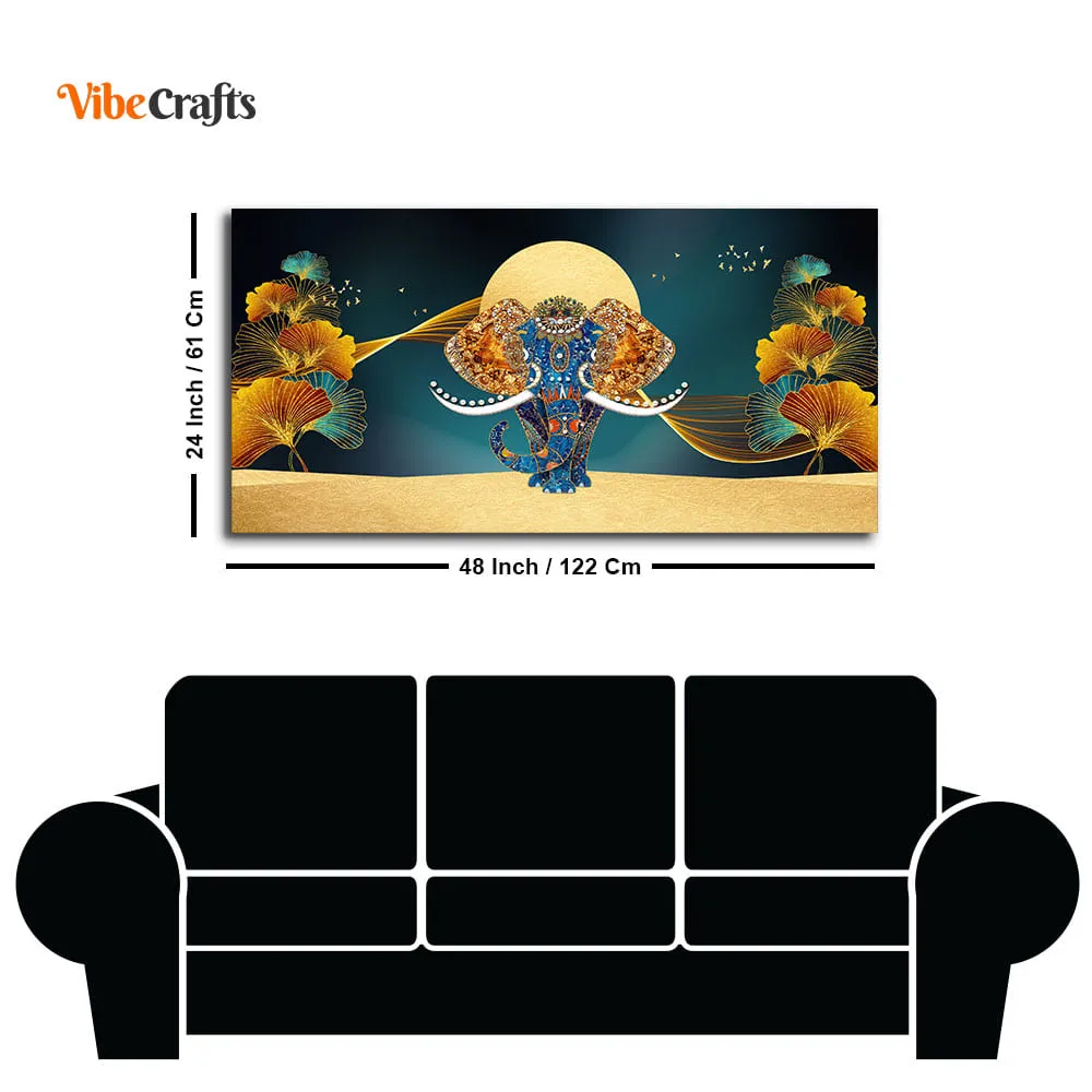 Beautiful Golden Flowers with Elephant Premium Canvas Wall Painting