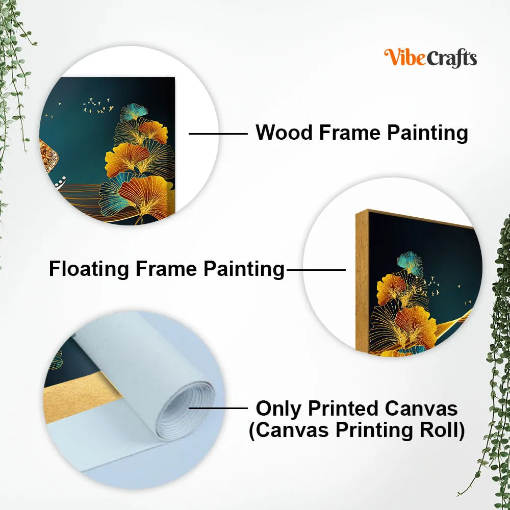 Beautiful Golden Flowers with Elephant Premium Canvas Wall Painting