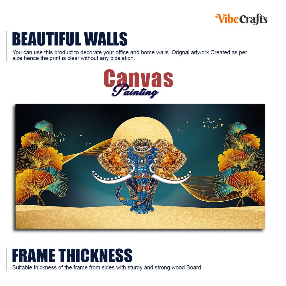 Beautiful Golden Flowers with Elephant Premium Canvas Wall Painting