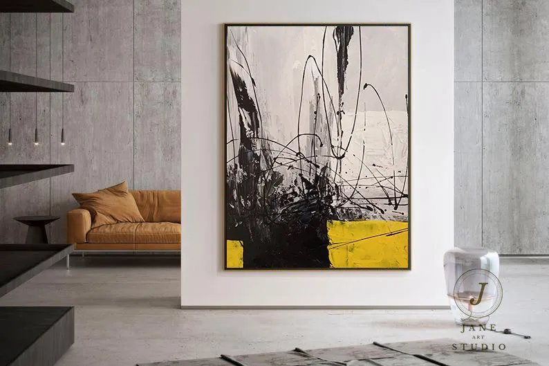 Black Grey Painting Yellow Painting Minimalist Abstract Oil Painting Qp087