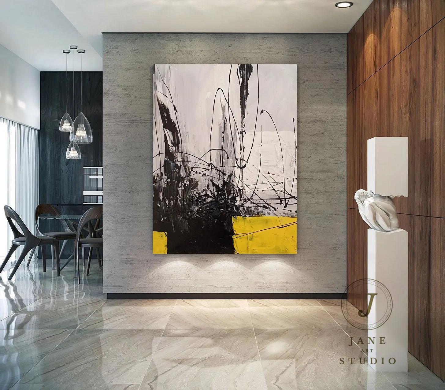Black Grey Painting Yellow Painting Minimalist Abstract Oil Painting Qp087