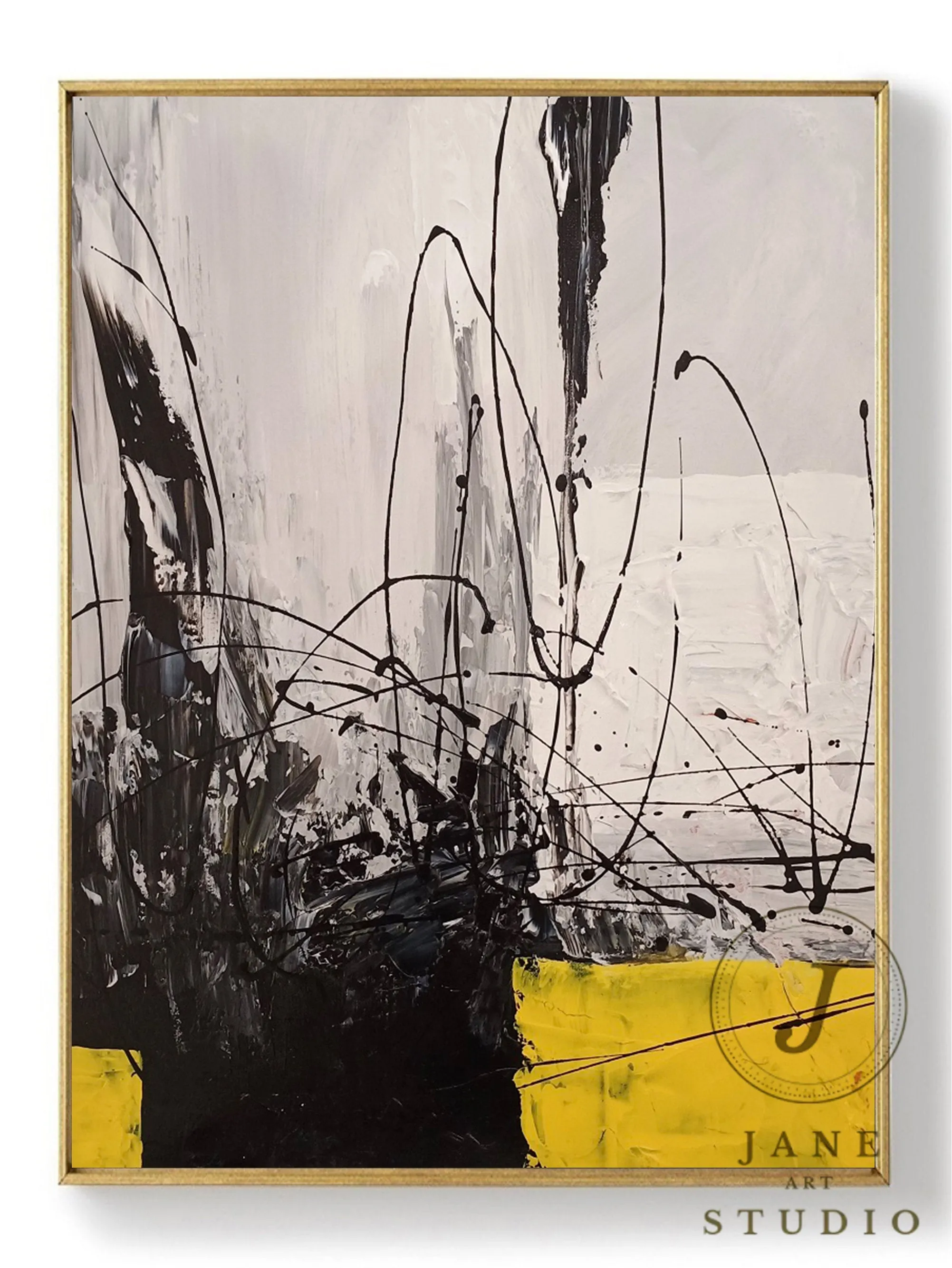 Black Grey Painting Yellow Painting Minimalist Abstract Oil Painting Qp087