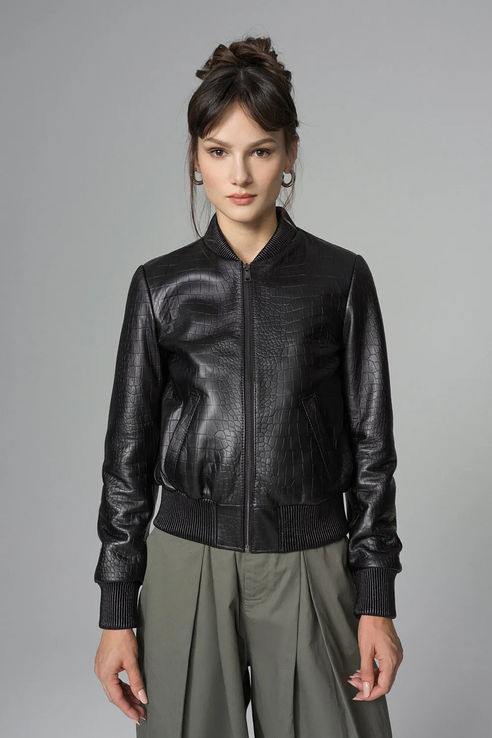 Black Leather Jacket with Crocodile Skin Print