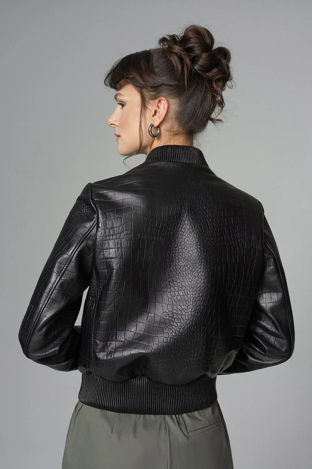 Black Leather Jacket with Crocodile Skin Print