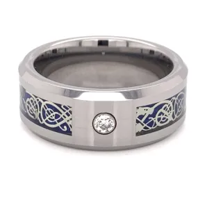 Blue Decorative Center With Clear CZ Stone Tungsten Comfort Fit Ring  / TGR1014 Blue Decorative Center With Clear CZ Stone Tungsten Comfort Fit Ring  / TGR1014