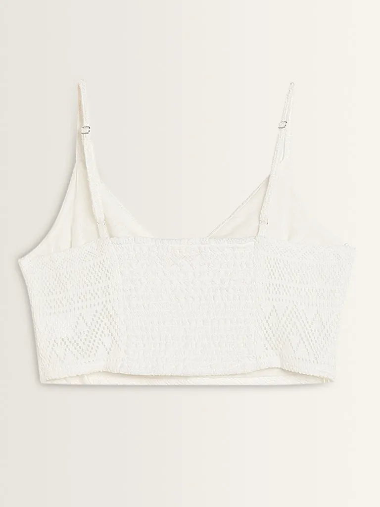 Bombay Paisley White Knit-Textured Crop Top
