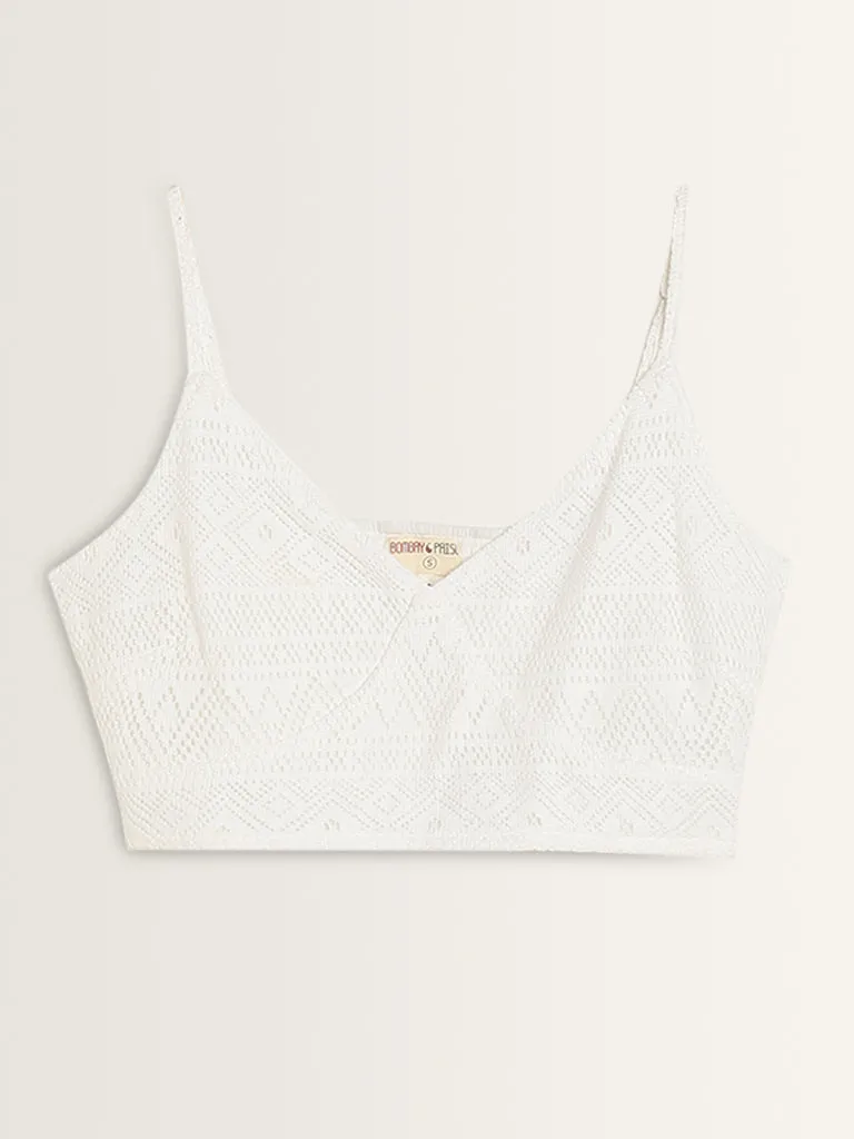 Bombay Paisley White Knit-Textured Crop Top