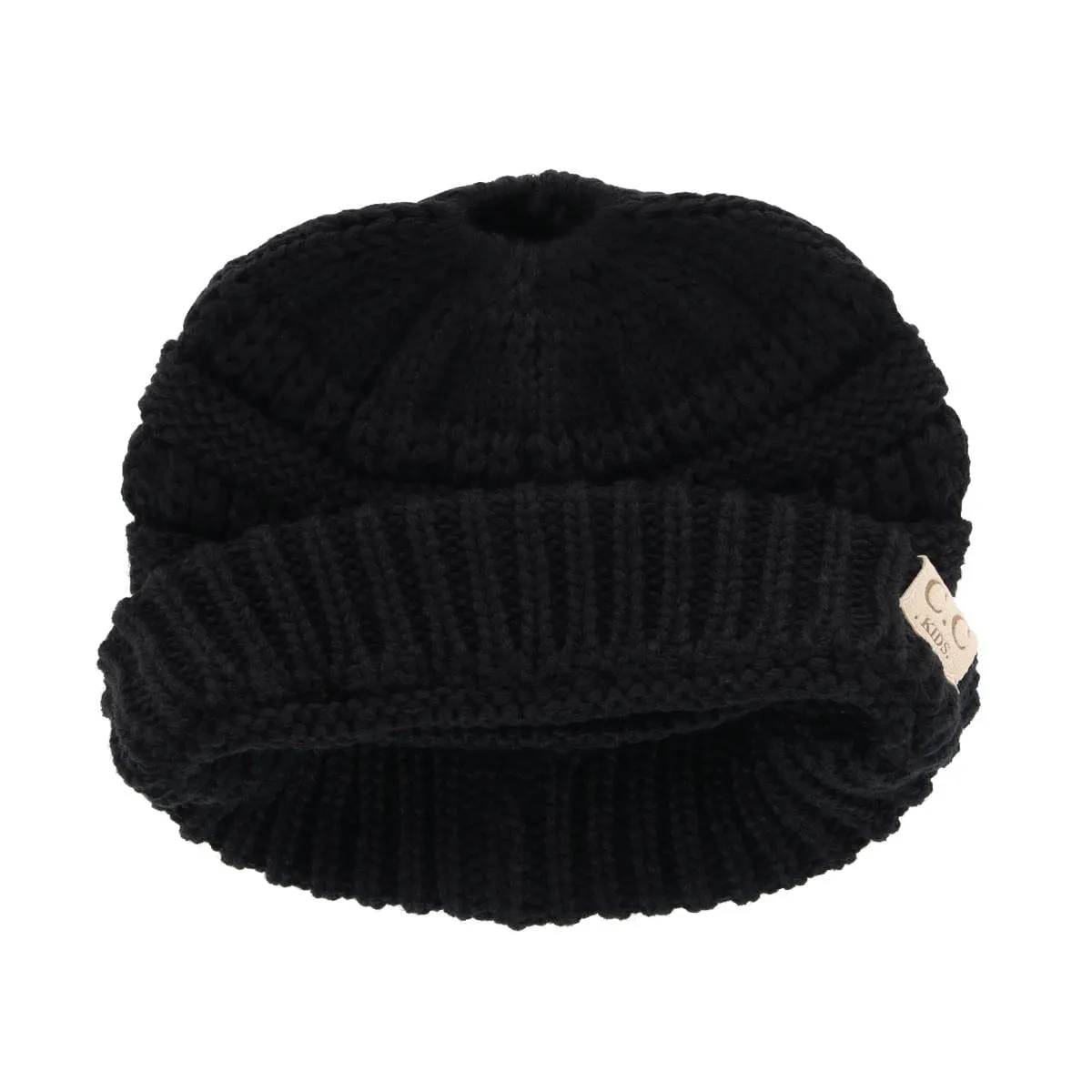 C.C Girl's One Size Fits Most Pony Tail Solid Cable Knit Winter Beanie