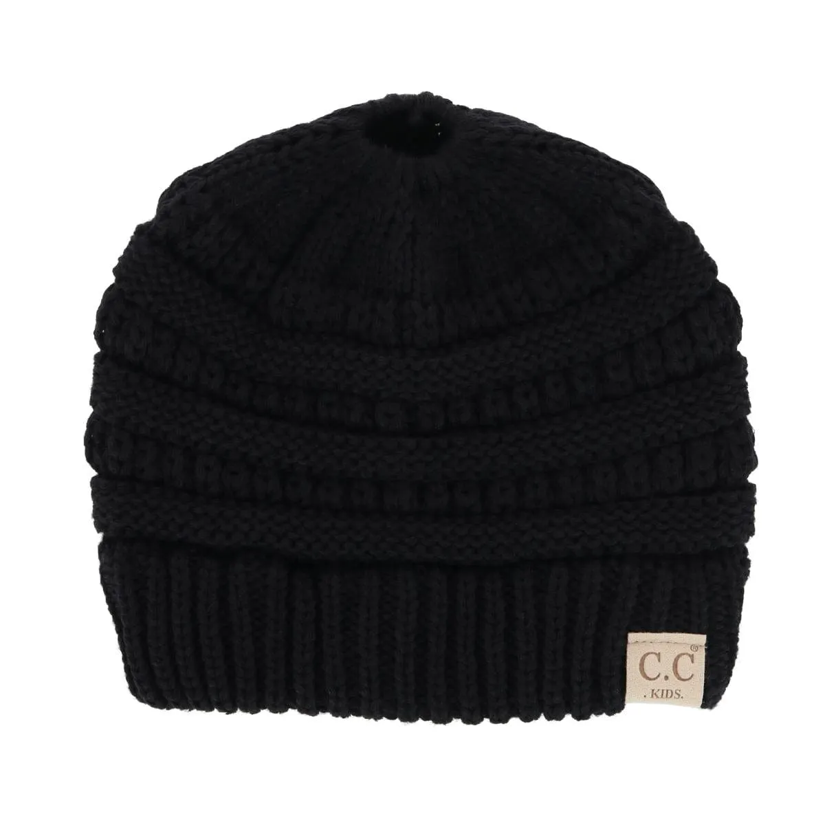 C.C Girl's One Size Fits Most Pony Tail Solid Cable Knit Winter Beanie