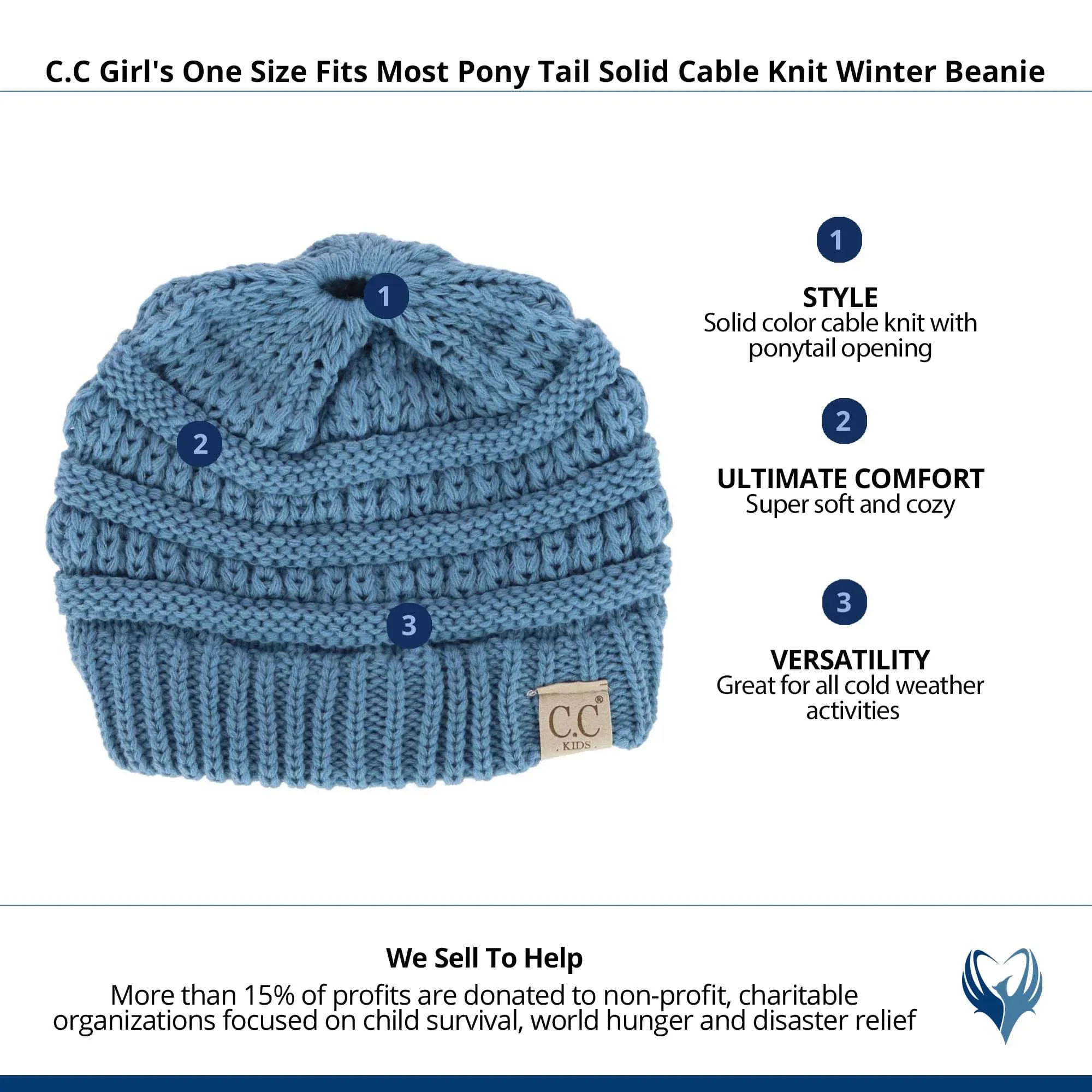 C.C Girl's One Size Fits Most Pony Tail Solid Cable Knit Winter Beanie