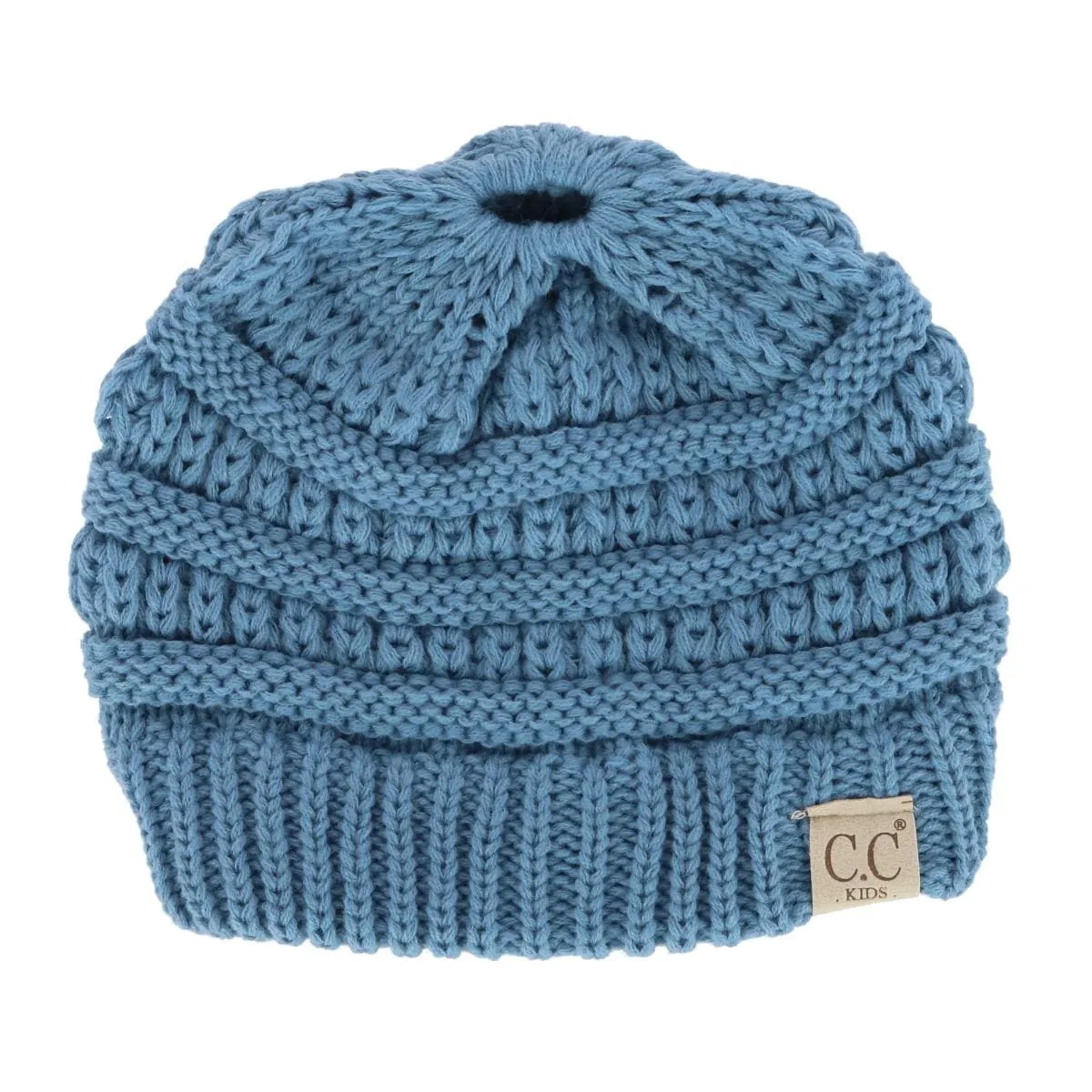 C.C Girl's One Size Fits Most Pony Tail Solid Cable Knit Winter Beanie