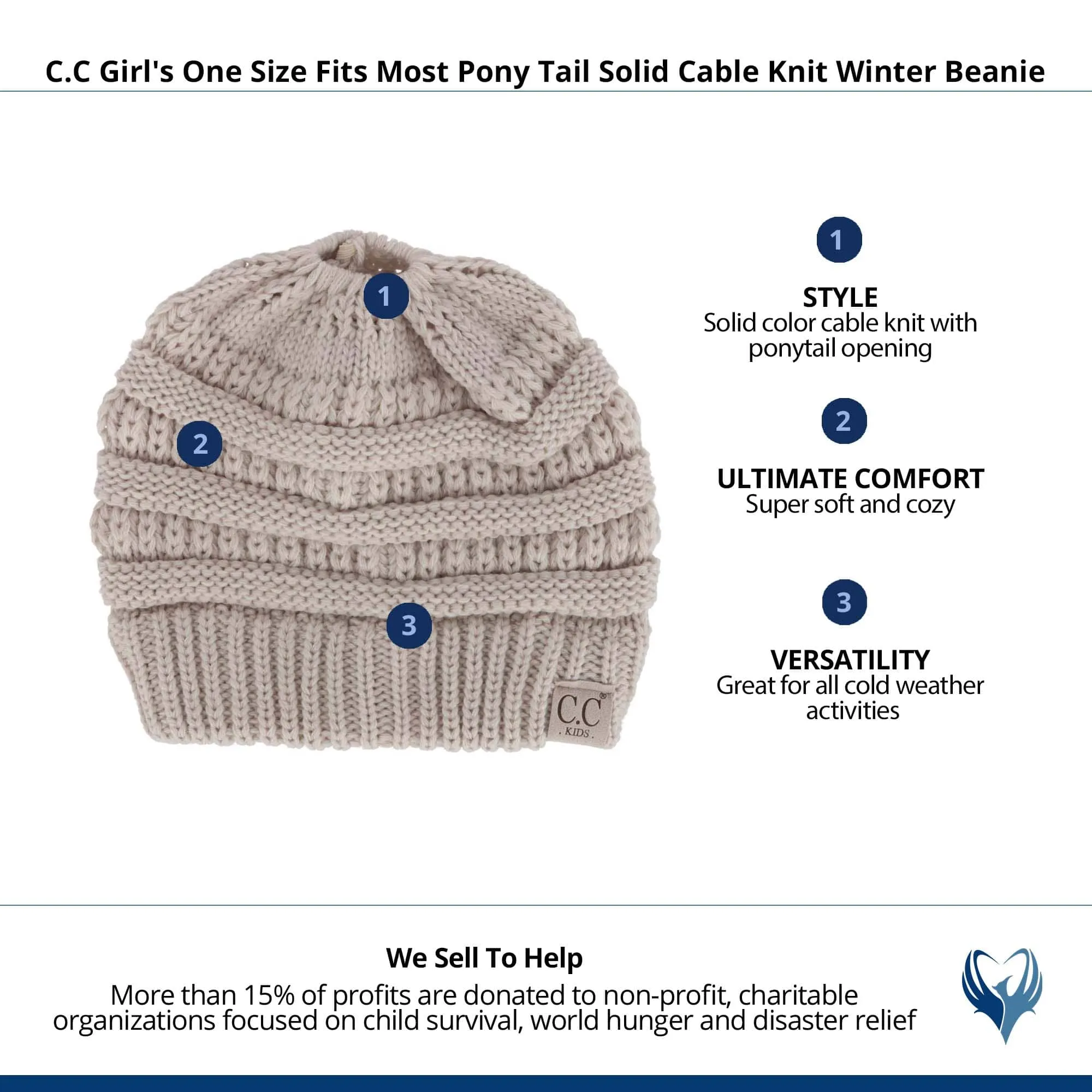 C.C Girl's One Size Fits Most Pony Tail Solid Cable Knit Winter Beanie