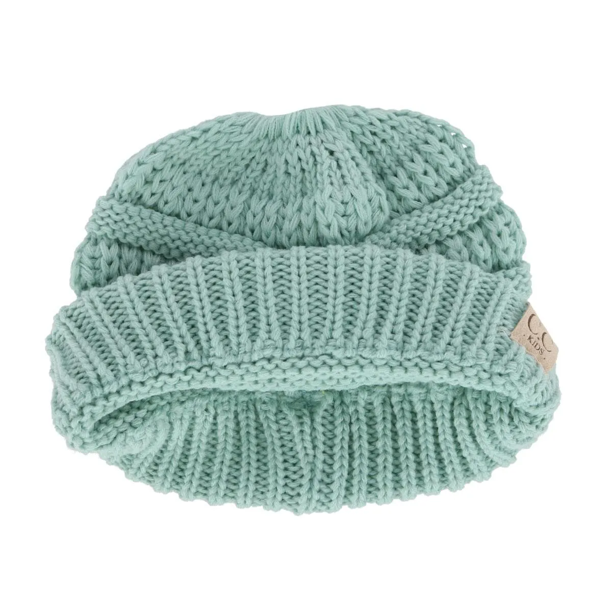 C.C Girl's One Size Fits Most Pony Tail Solid Cable Knit Winter Beanie