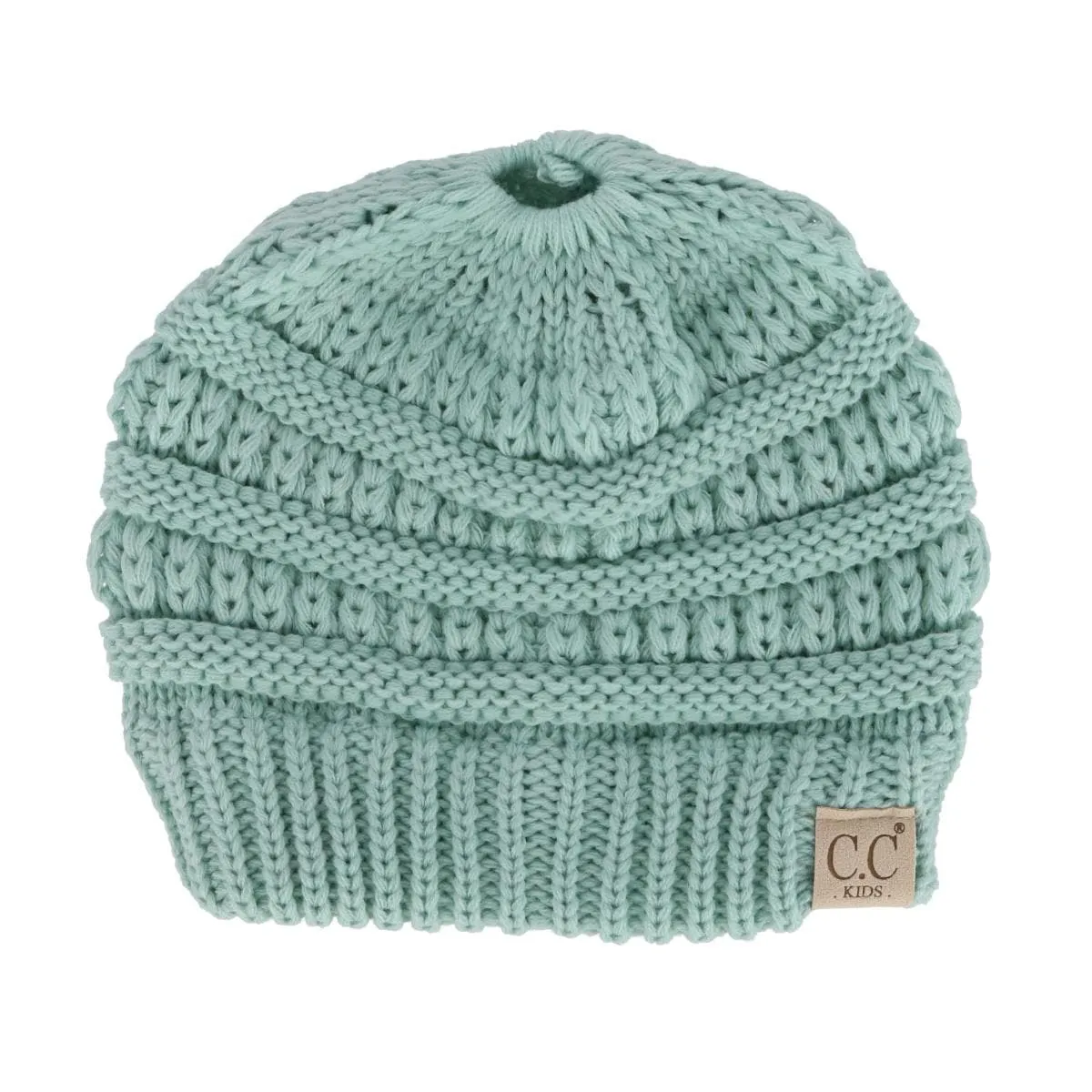 C.C Girl's One Size Fits Most Pony Tail Solid Cable Knit Winter Beanie