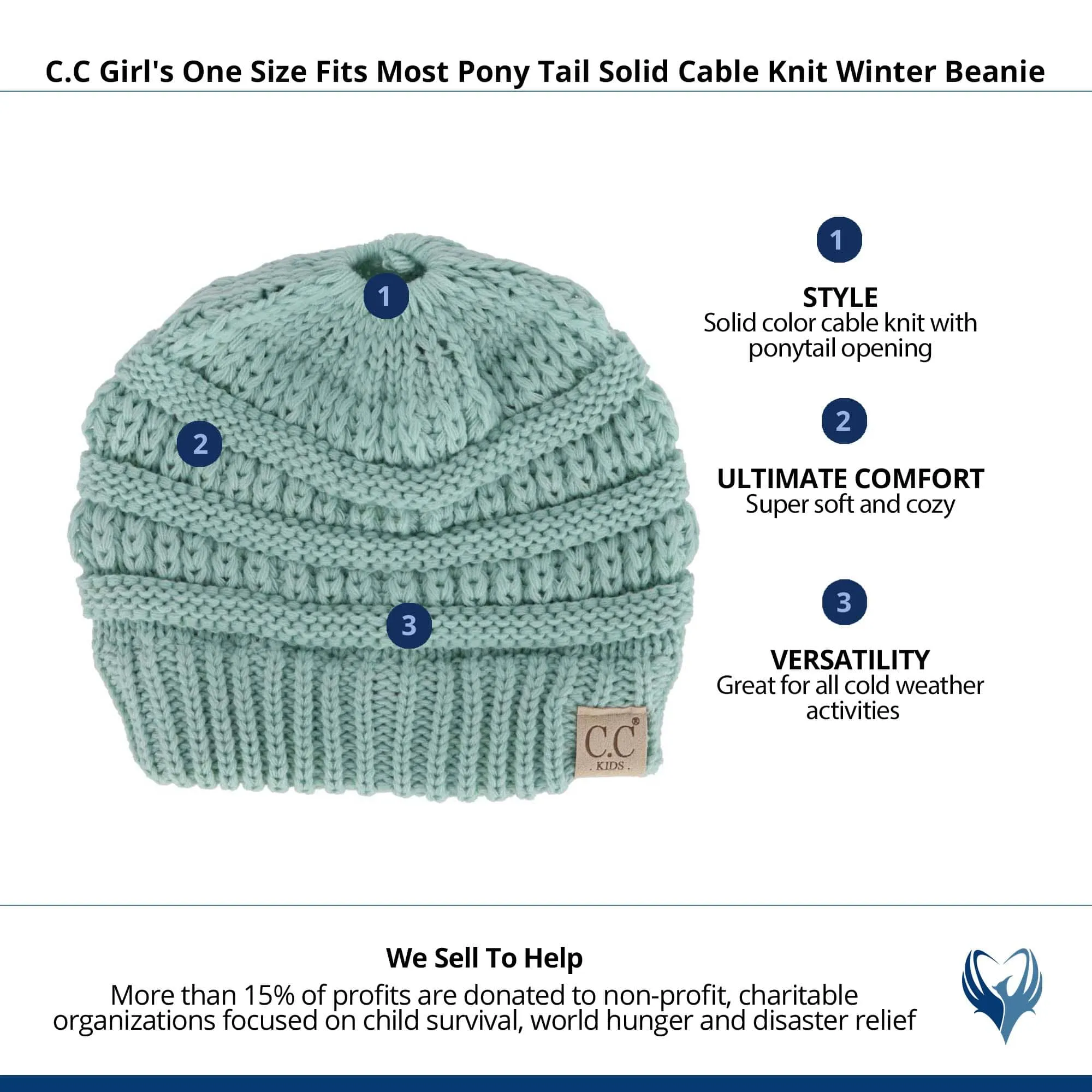 C.C Girl's One Size Fits Most Pony Tail Solid Cable Knit Winter Beanie