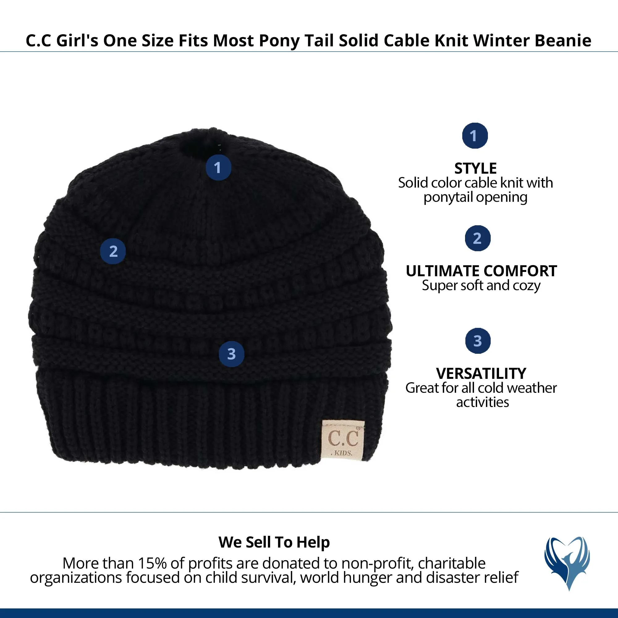 C.C Girl's One Size Fits Most Pony Tail Solid Cable Knit Winter Beanie