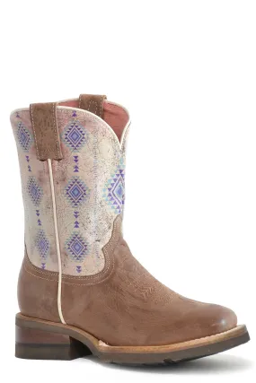 Girls Roper Burnish Tan Square Toe Boot w/ Purple Aztec Design Girls Roper Burnish Tan Square Toe Boot w/ Purple Aztec Design