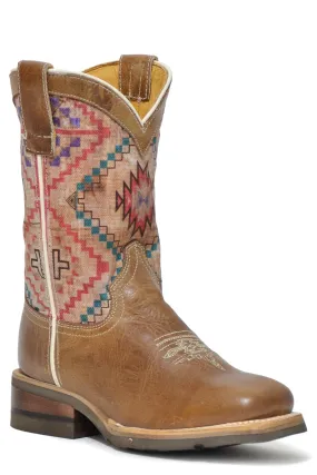 Girls Roper Burnished Brown Square Toe Boot w/ Native Design On Shaft Girls Roper Burnished Brown Square Toe Boot w/ Native Design On Shaft