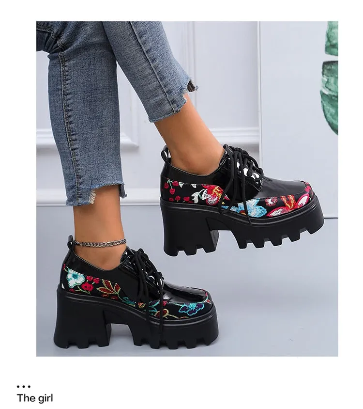 Lolita Spring and Autumn Printing Women's Shoes Waterproof Platform Thick Bottom Lace Up Fashion Women's Shoes  Zapatos De Mujer