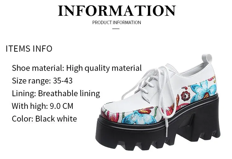 Lolita Spring and Autumn Printing Women's Shoes Waterproof Platform Thick Bottom Lace Up Fashion Women's Shoes  Zapatos De Mujer