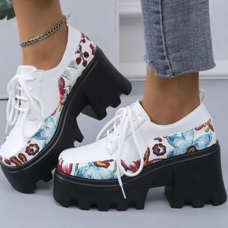 Lolita Spring and Autumn Printing Women's Shoes Waterproof Platform Thick Bottom Lace Up Fashion Women's Shoes  Zapatos De Mujer