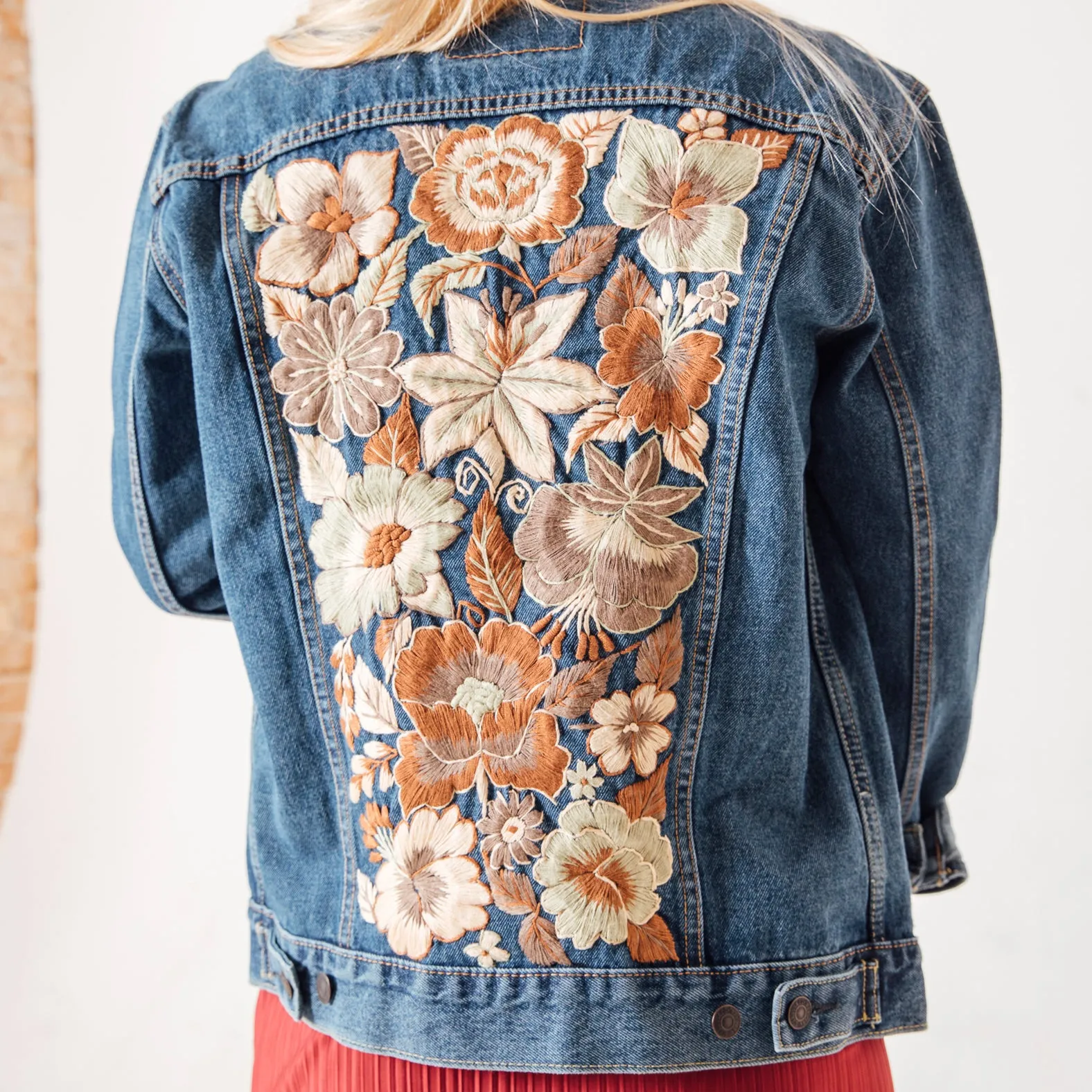 MK22508 - Embroidered Denim Jacket Light Wash Blue - Hooded