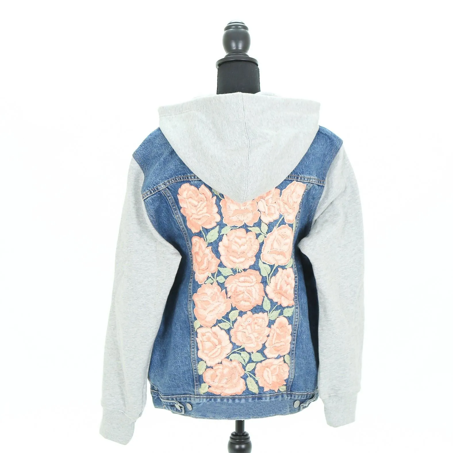 MK22508 - Embroidered Denim Jacket Light Wash Blue - Hooded