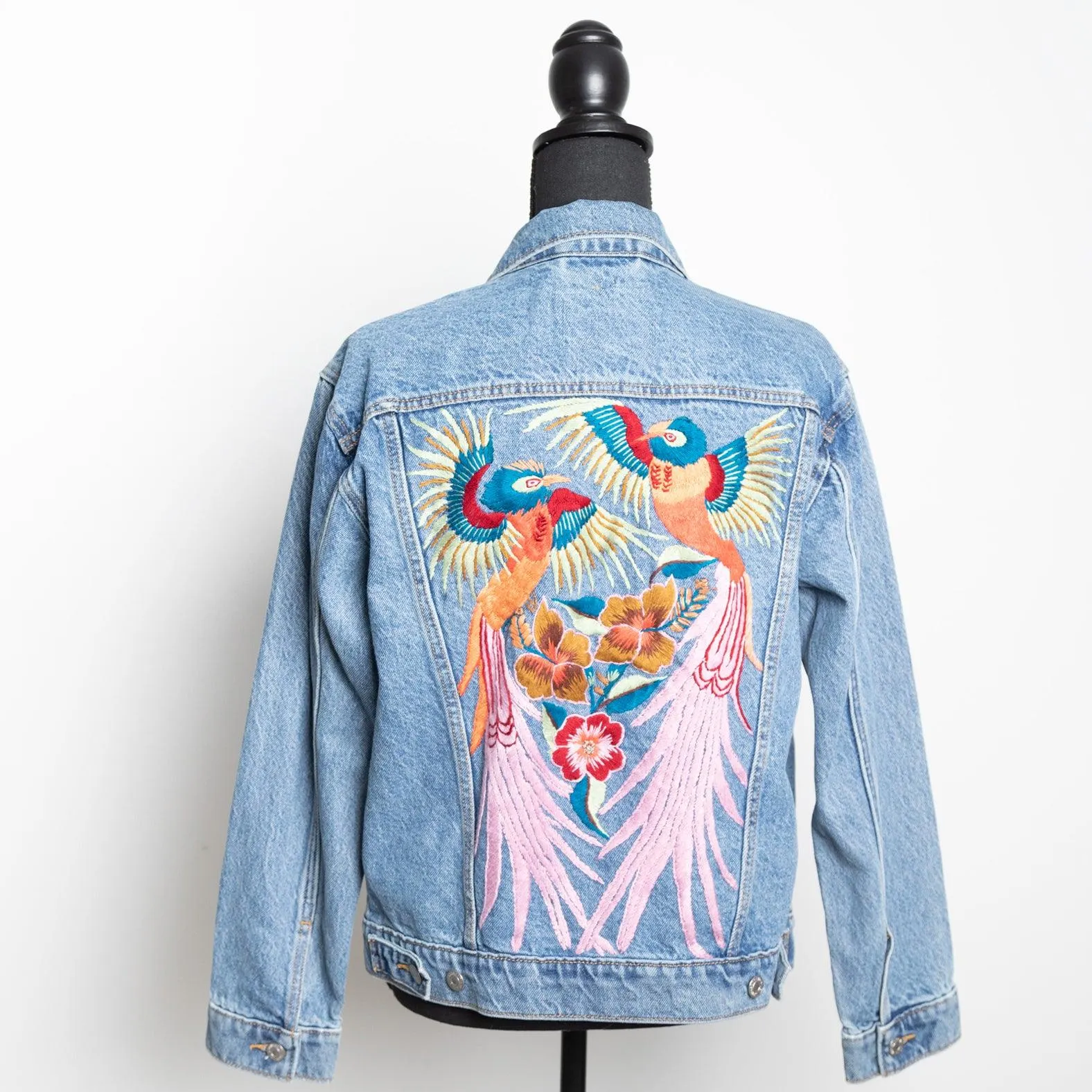 MK22508 - Embroidered Denim Jacket Light Wash Blue - Hooded