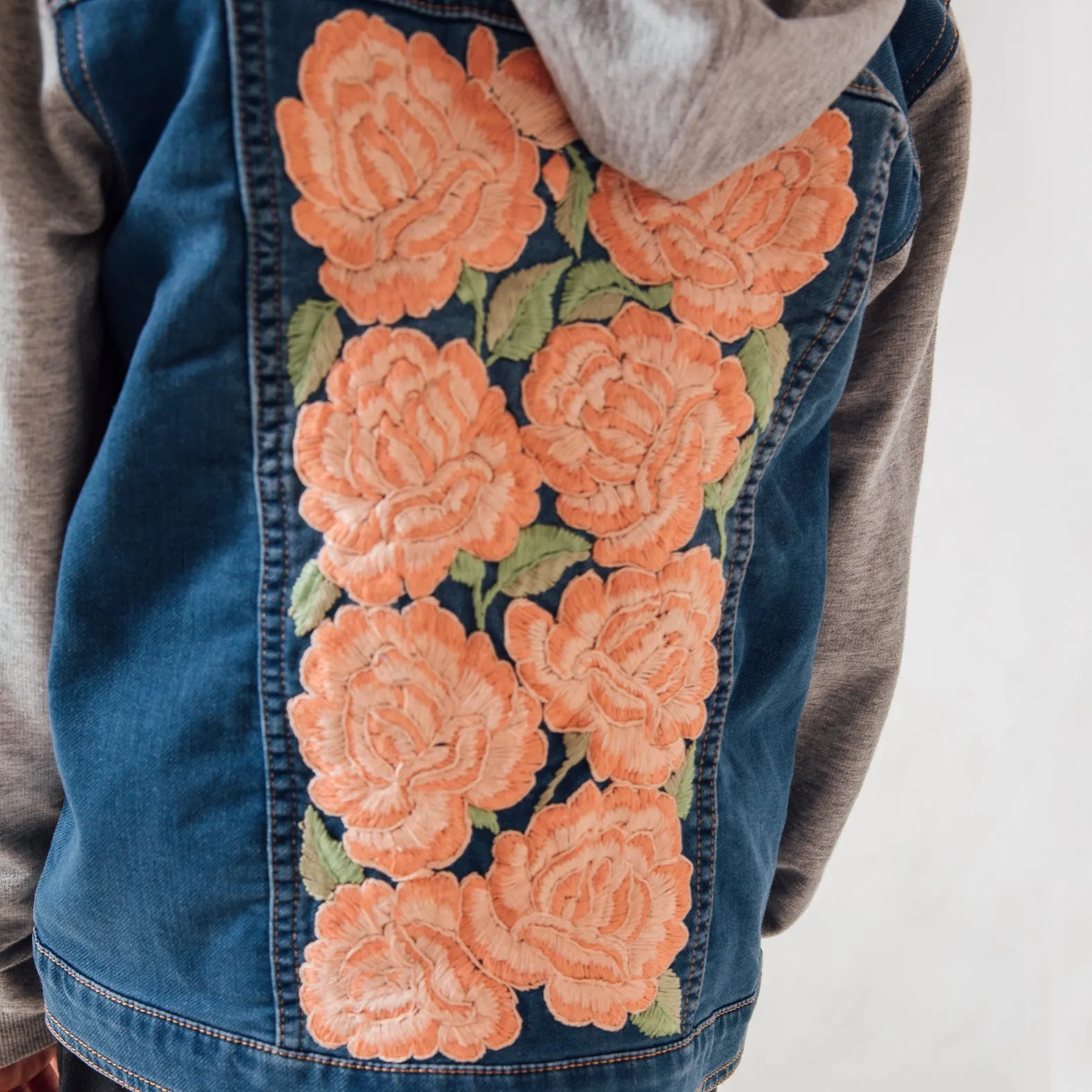 MK22508 - Embroidered Denim Jacket Light Wash Blue - Hooded