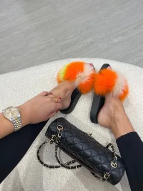 Multi Tone Yellow/Orange/White Luxury Fur Sliders Multi Tone Yellow/Orange/White Luxury Fur Sliders