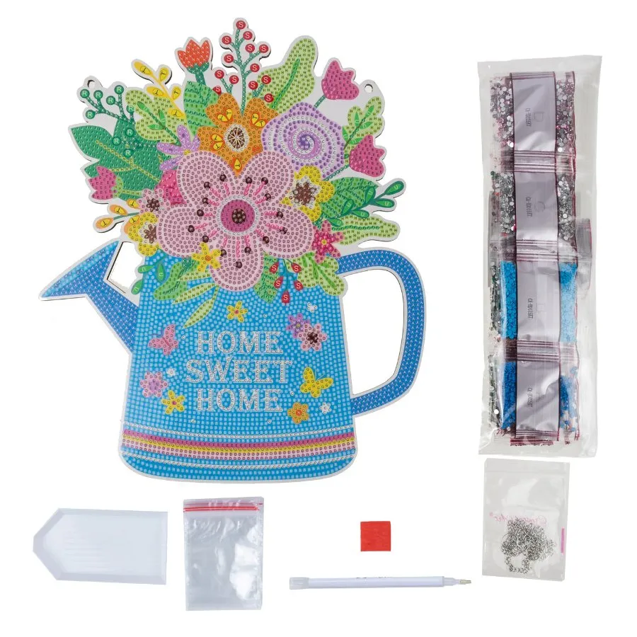 "Floral Watercan" Crystal Art Hanging Wooden Decoration Kit