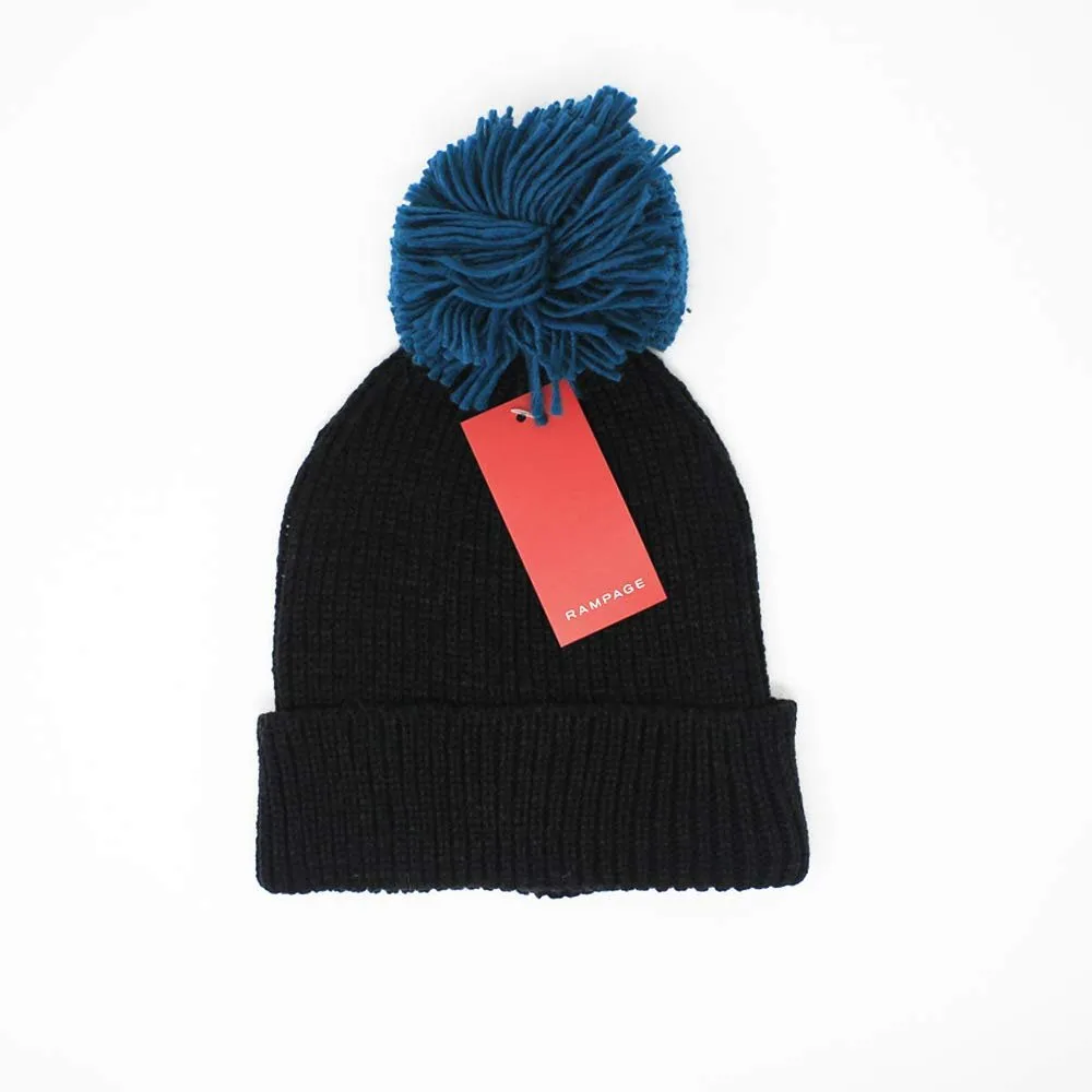 Rampage Women’s Slouchy Cuffed Thick Knit Beanie Cap With Oversized Pom Pom - Fall Winter Accessories