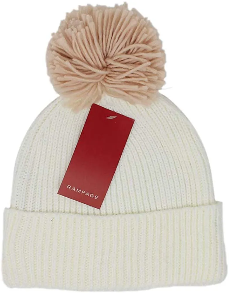 Rampage Women’s Slouchy Cuffed Thick Knit Beanie Cap With Oversized Pom Pom - Fall Winter Accessories