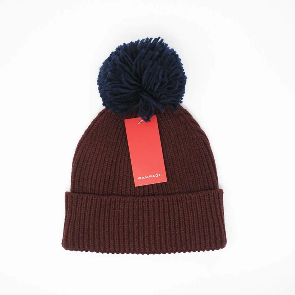 Rampage Women’s Slouchy Cuffed Thick Knit Beanie Cap With Oversized Pom Pom - Fall Winter Accessories
