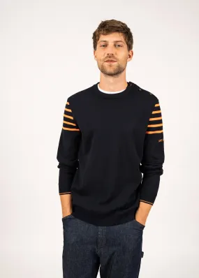 Sablons sailor jumper with shoulder striped yokes-  buttoned round neck, in wool (NAVY/ORANGE FLUO) Sablons sailor jumper with shoulder striped yokes-  buttoned round neck, in wool (NAVY/ORANGE FLUO)