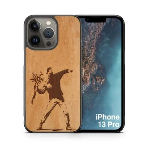 Slim Wooden Phone Case (Banksy Molotov Flowers in Mahogany)