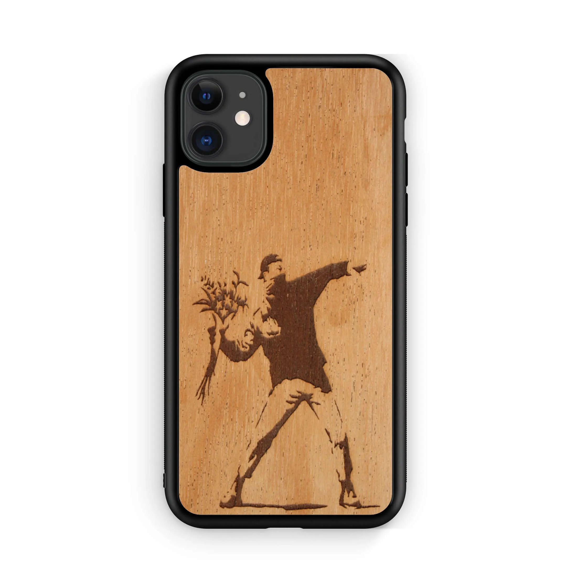 Slim Wooden Phone Case (Banksy Molotov Flowers in Mahogany)