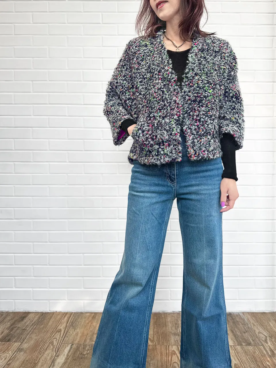 Vibrant Grey Loop Knitted Open Front Fluffy Crop Jacket