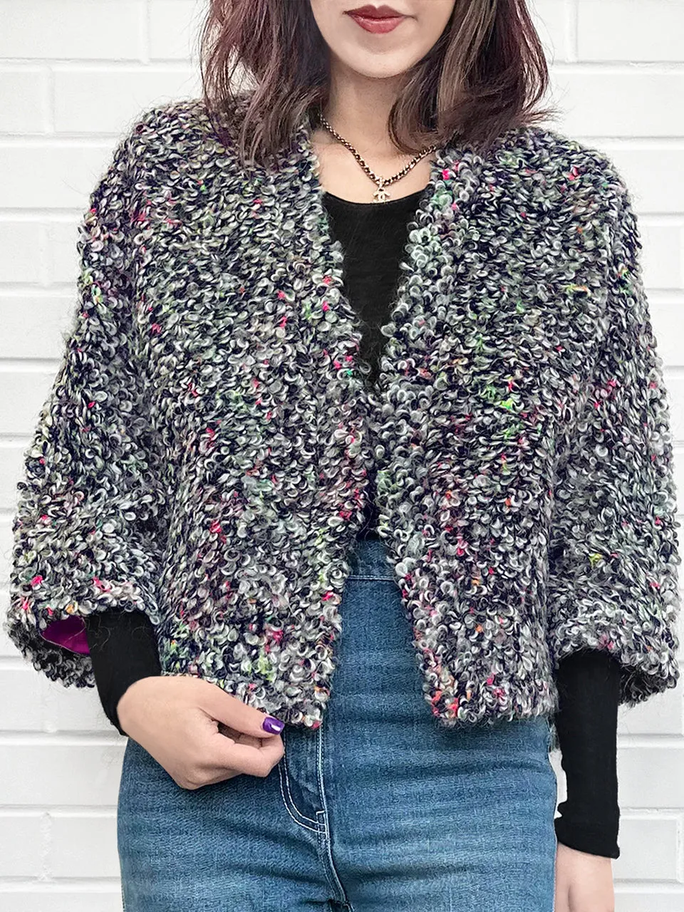 Vibrant Grey Loop Knitted Open Front Fluffy Crop Jacket