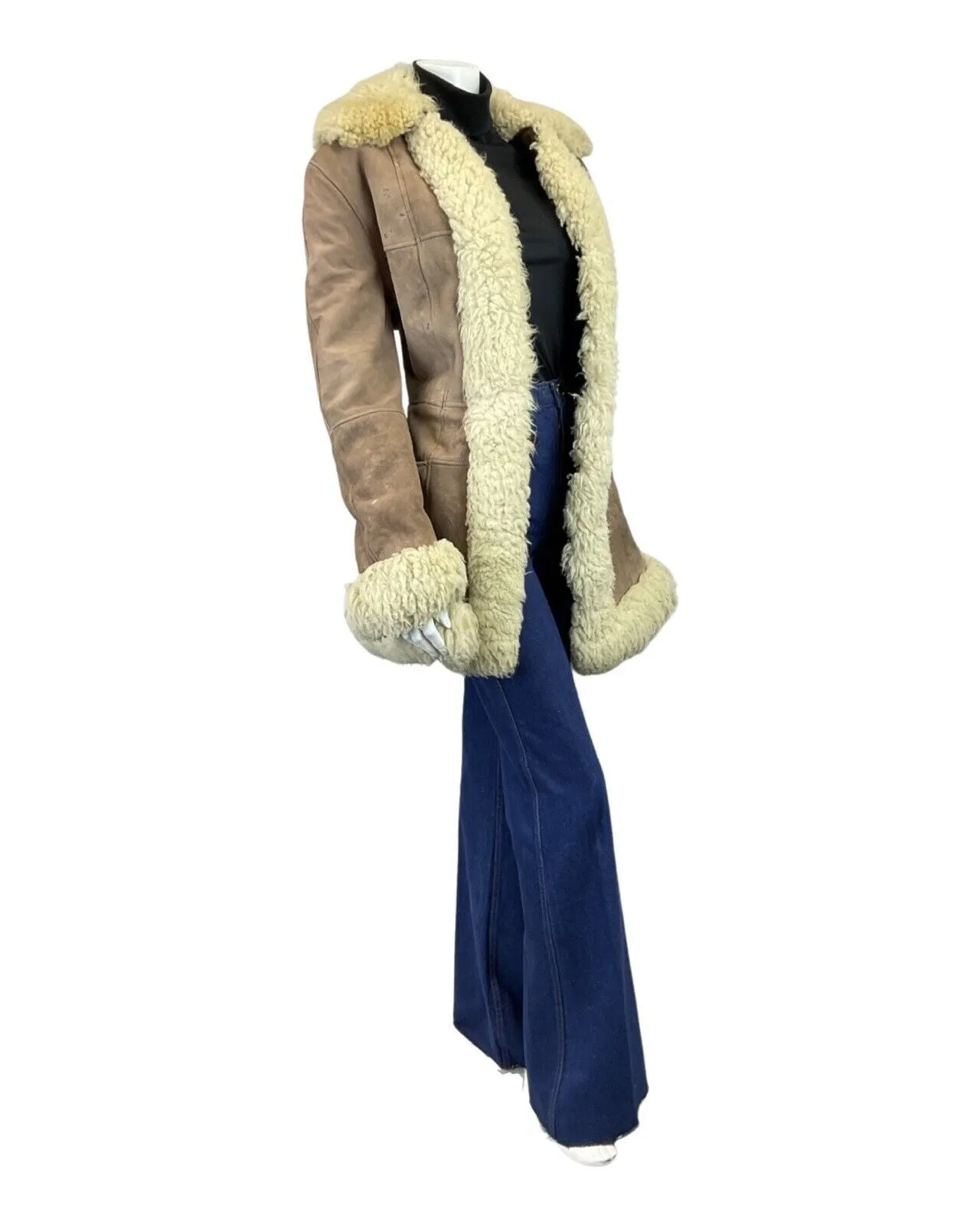 **VINTAGE 60s 70s PEANUT BROWN CREAM SUEDE BOHO PENNY LANE SHEARLING COAT 14 16