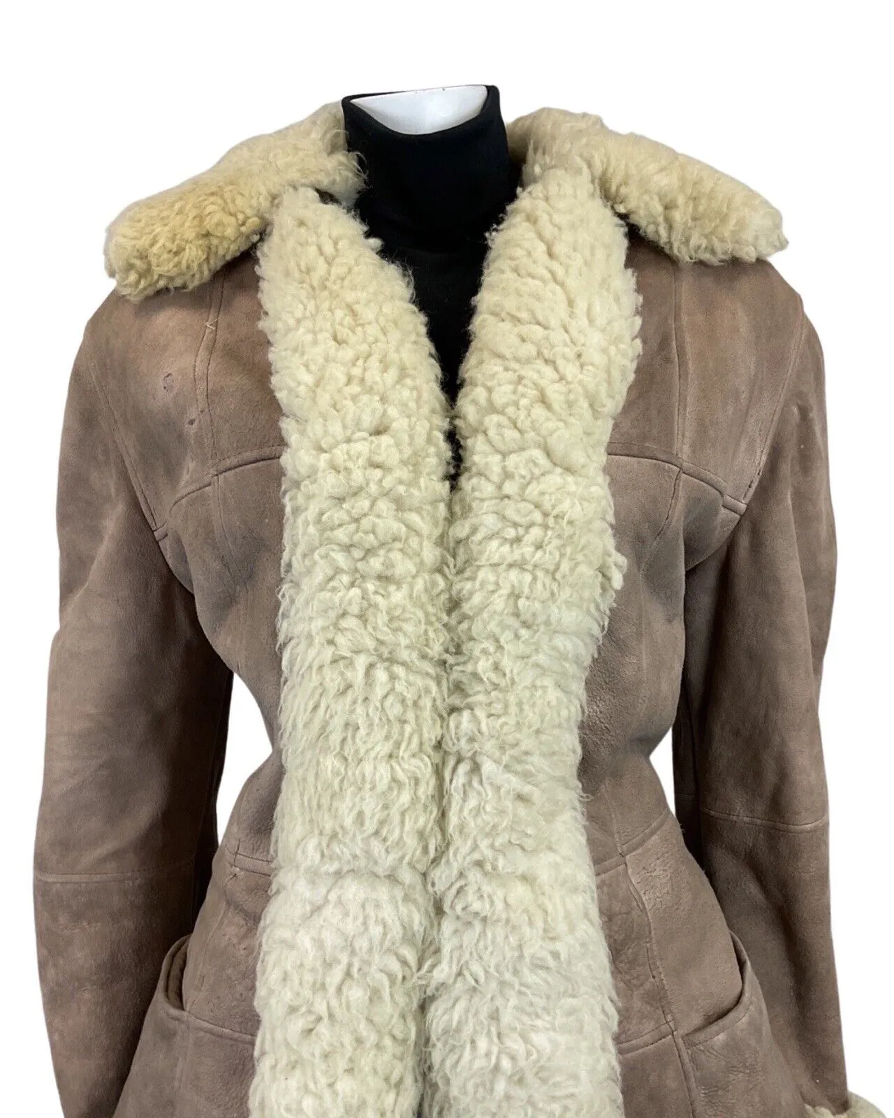 **VINTAGE 60s 70s PEANUT BROWN CREAM SUEDE BOHO PENNY LANE SHEARLING COAT 14 16