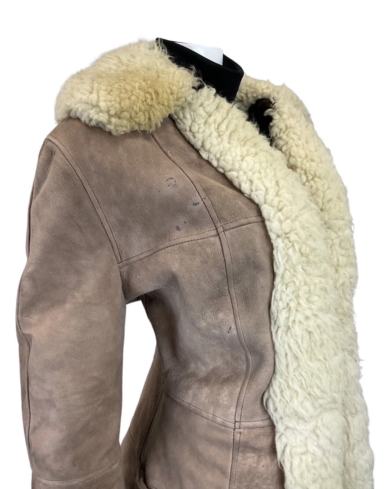 **VINTAGE 60s 70s PEANUT BROWN CREAM SUEDE BOHO PENNY LANE SHEARLING COAT 14 16