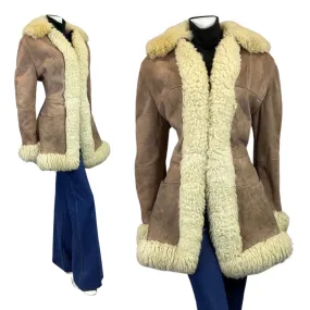 **VINTAGE 60s 70s PEANUT BROWN CREAM SUEDE BOHO PENNY LANE SHEARLING COAT 14 16 **VINTAGE 60s 70s PEANUT BROWN CREAM SUEDE BOHO PENNY LANE SHEARLING COAT 14 16