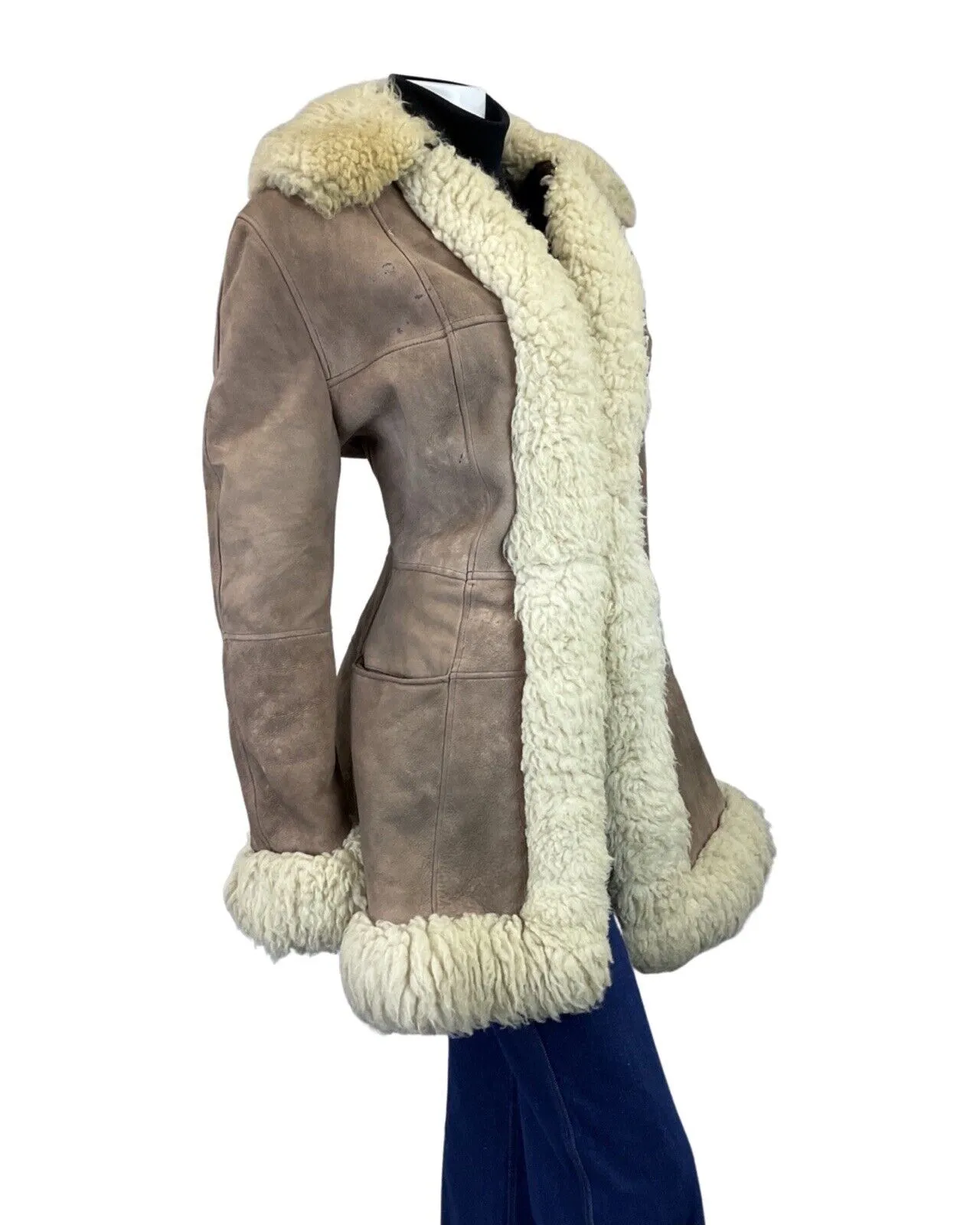 **VINTAGE 60s 70s PEANUT BROWN CREAM SUEDE BOHO PENNY LANE SHEARLING COAT 14 16
