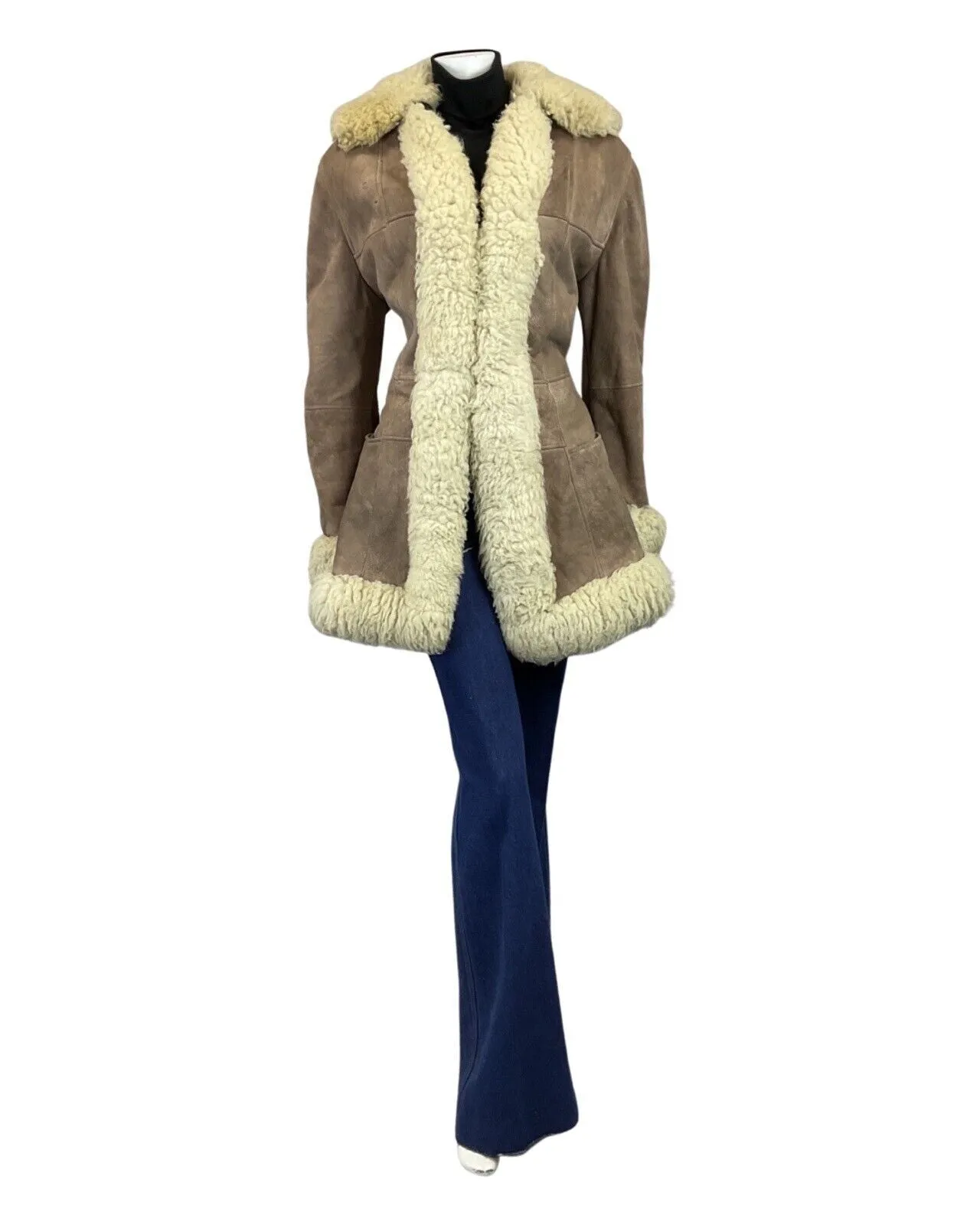 **VINTAGE 60s 70s PEANUT BROWN CREAM SUEDE BOHO PENNY LANE SHEARLING COAT 14 16